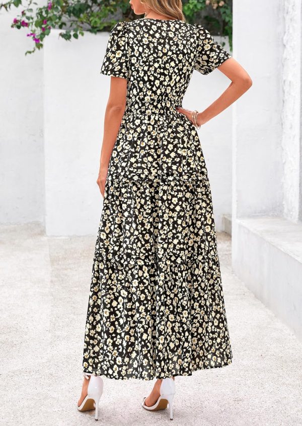PRETTYGARDEN Women's 2025 Summer Boho Maxi Dresses Floral Short Sleeve V Neck A Line Tiered Flowy Long Beach Vacation Dress - Image 30