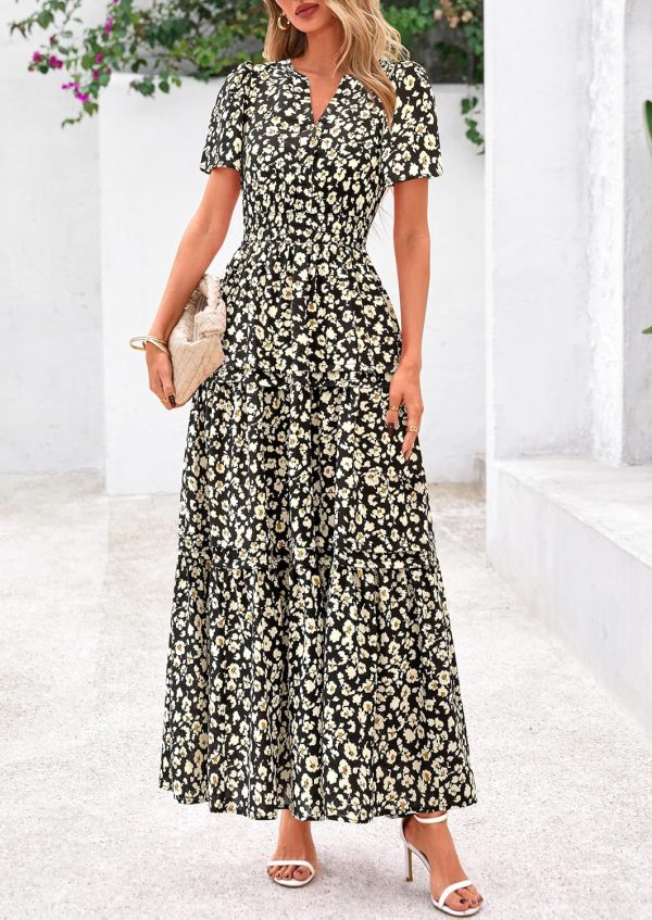 PRETTYGARDEN Women's 2025 Summer Boho Maxi Dresses Floral Short Sleeve V Neck A Line Tiered Flowy Long Beach Vacation Dress - Image 31