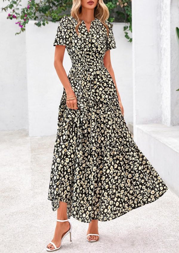 PRETTYGARDEN Women's 2025 Summer Boho Maxi Dresses Floral Short Sleeve V Neck A Line Tiered Flowy Long Beach Vacation Dress - Image 32