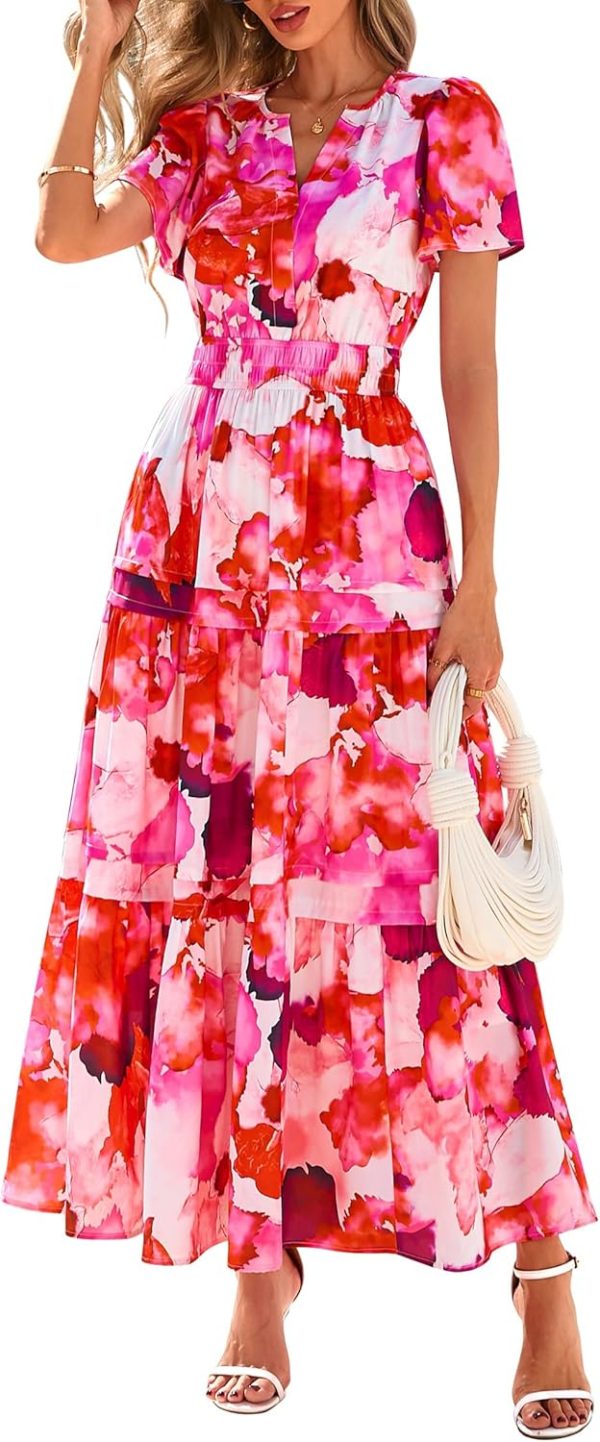 PRETTYGARDEN Women's 2025 Summer Boho Maxi Dresses Floral Short Sleeve V Neck A Line Tiered Flowy Long Beach Vacation Dress - Image 33