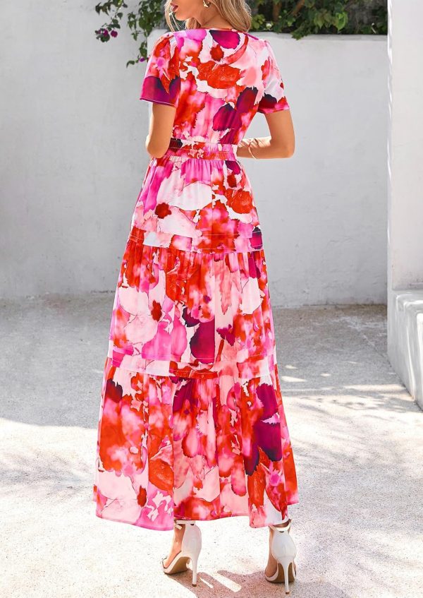 PRETTYGARDEN Women's 2025 Summer Boho Maxi Dresses Floral Short Sleeve V Neck A Line Tiered Flowy Long Beach Vacation Dress - Image 34