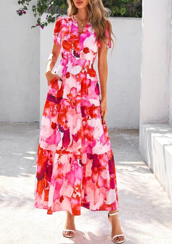 PRETTYGARDEN Women's 2025 Summer Boho Maxi Dresses Floral Short Sleeve V Neck A Line Tiered Flowy Long Beach Vacation Dress - Image 35