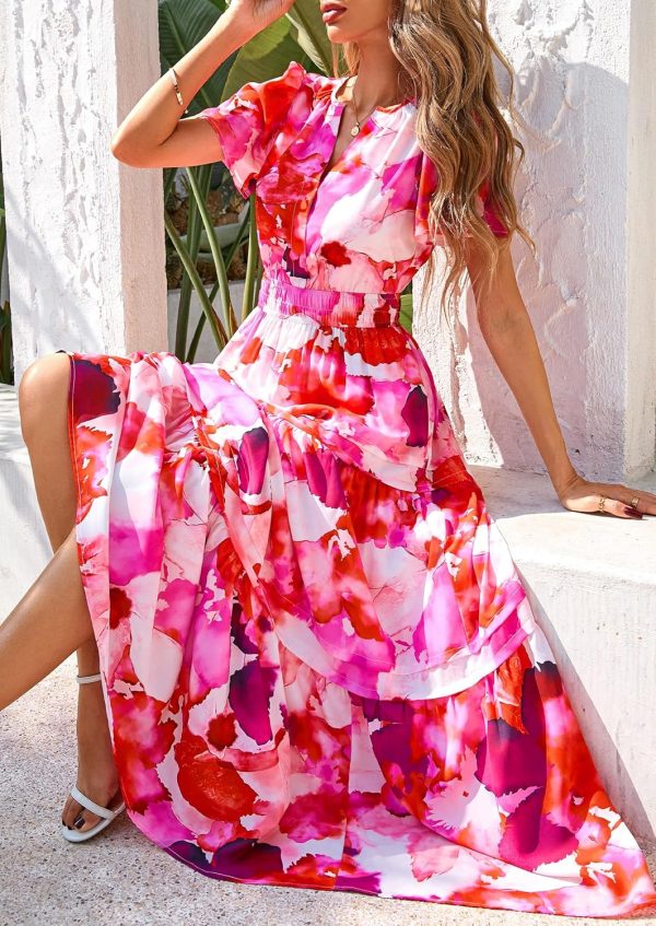 PRETTYGARDEN Women's 2025 Summer Boho Maxi Dresses Floral Short Sleeve V Neck A Line Tiered Flowy Long Beach Vacation Dress - Image 37
