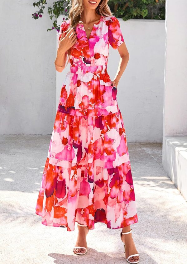 PRETTYGARDEN Women's 2025 Summer Boho Maxi Dresses Floral Short Sleeve V Neck A Line Tiered Flowy Long Beach Vacation Dress - Image 38
