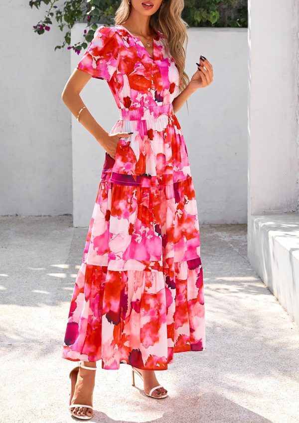 PRETTYGARDEN Women's 2025 Summer Boho Maxi Dresses Floral Short Sleeve V Neck A Line Tiered Flowy Long Beach Vacation Dress - Image 39