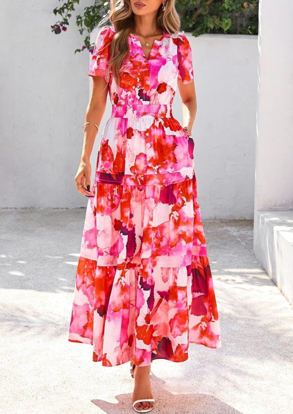 PRETTYGARDEN Women's 2025 Summer Boho Maxi Dresses Floral Short Sleeve V Neck A Line Tiered Flowy Long Beach Vacation Dress - Image 40