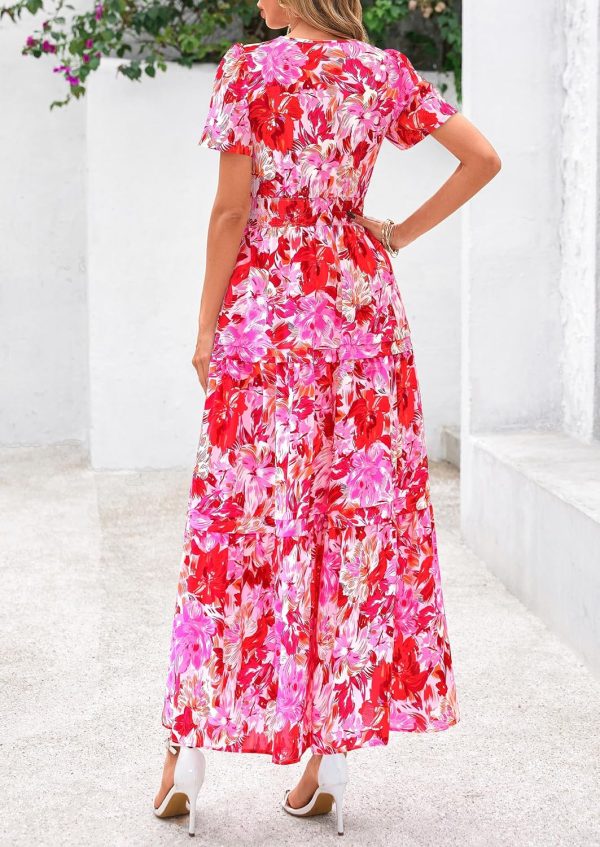PRETTYGARDEN Women's 2025 Summer Boho Maxi Dresses Floral Short Sleeve V Neck A Line Tiered Flowy Long Beach Vacation Dress - Image 42