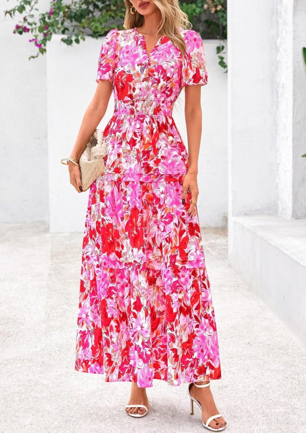 PRETTYGARDEN Women's 2025 Summer Boho Maxi Dresses Floral Short Sleeve V Neck A Line Tiered Flowy Long Beach Vacation Dress - Image 43
