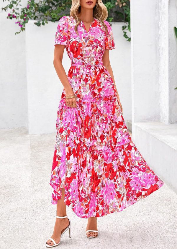 PRETTYGARDEN Women's 2025 Summer Boho Maxi Dresses Floral Short Sleeve V Neck A Line Tiered Flowy Long Beach Vacation Dress - Image 44
