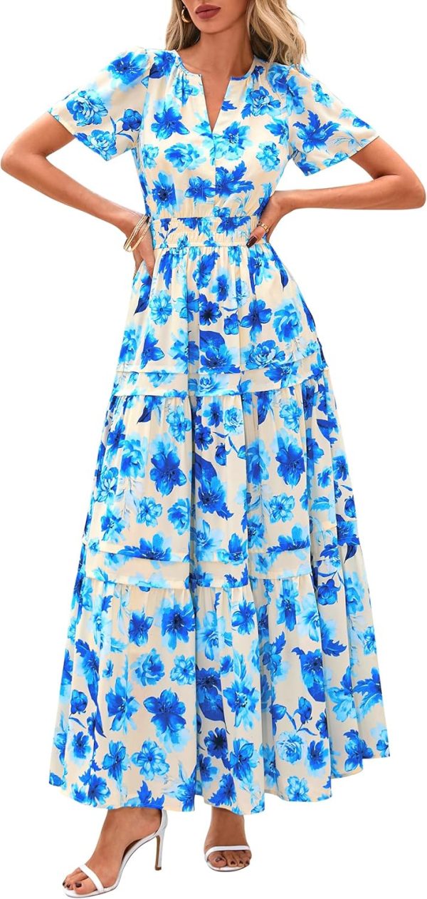 PRETTYGARDEN Women's 2025 Summer Boho Maxi Dresses Floral Short Sleeve V Neck A Line Tiered Flowy Long Beach Vacation Dress - Image 45