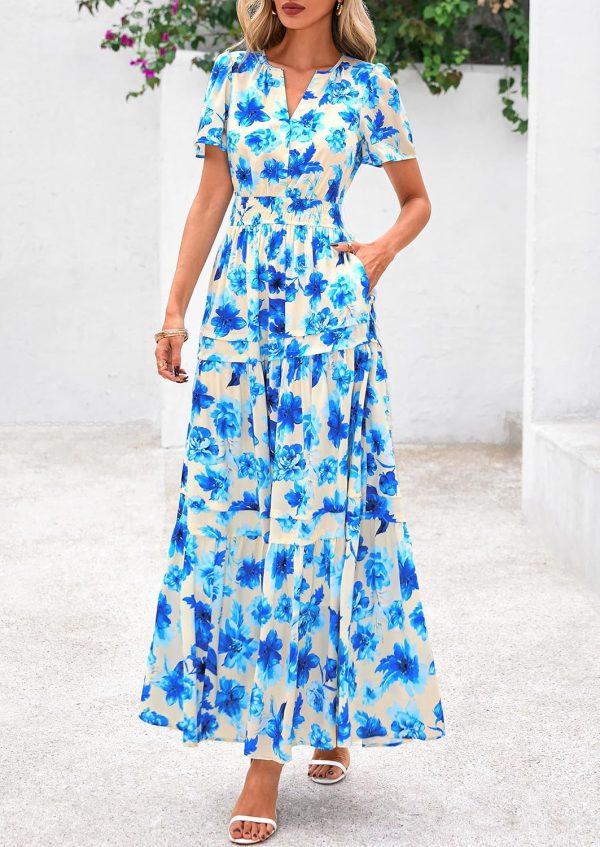 PRETTYGARDEN Women's 2025 Summer Boho Maxi Dresses Floral Short Sleeve V Neck A Line Tiered Flowy Long Beach Vacation Dress - Image 48