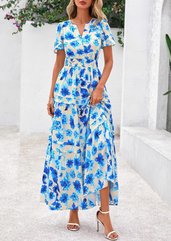 PRETTYGARDEN Women's 2025 Summer Boho Maxi Dresses Floral Short Sleeve V Neck A Line Tiered Flowy Long Beach Vacation Dress - Image 50