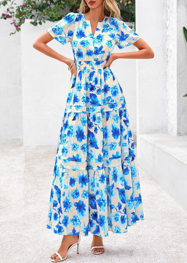 PRETTYGARDEN Women's 2025 Summer Boho Maxi Dresses Floral Short Sleeve V Neck A Line Tiered Flowy Long Beach Vacation Dress - Image 52