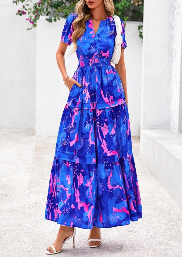PRETTYGARDEN Women's 2025 Summer Boho Maxi Dresses Floral Short Sleeve V Neck A Line Tiered Flowy Long Beach Vacation Dress - Image 58