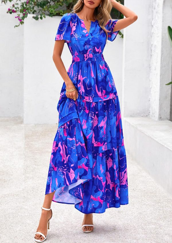 PRETTYGARDEN Women's 2025 Summer Boho Maxi Dresses Floral Short Sleeve V Neck A Line Tiered Flowy Long Beach Vacation Dress - Image 59