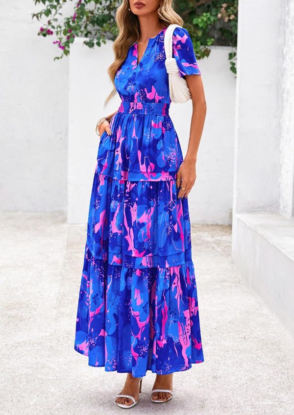 PRETTYGARDEN Women's 2025 Summer Boho Maxi Dresses Floral Short Sleeve V Neck A Line Tiered Flowy Long Beach Vacation Dress - Image 60