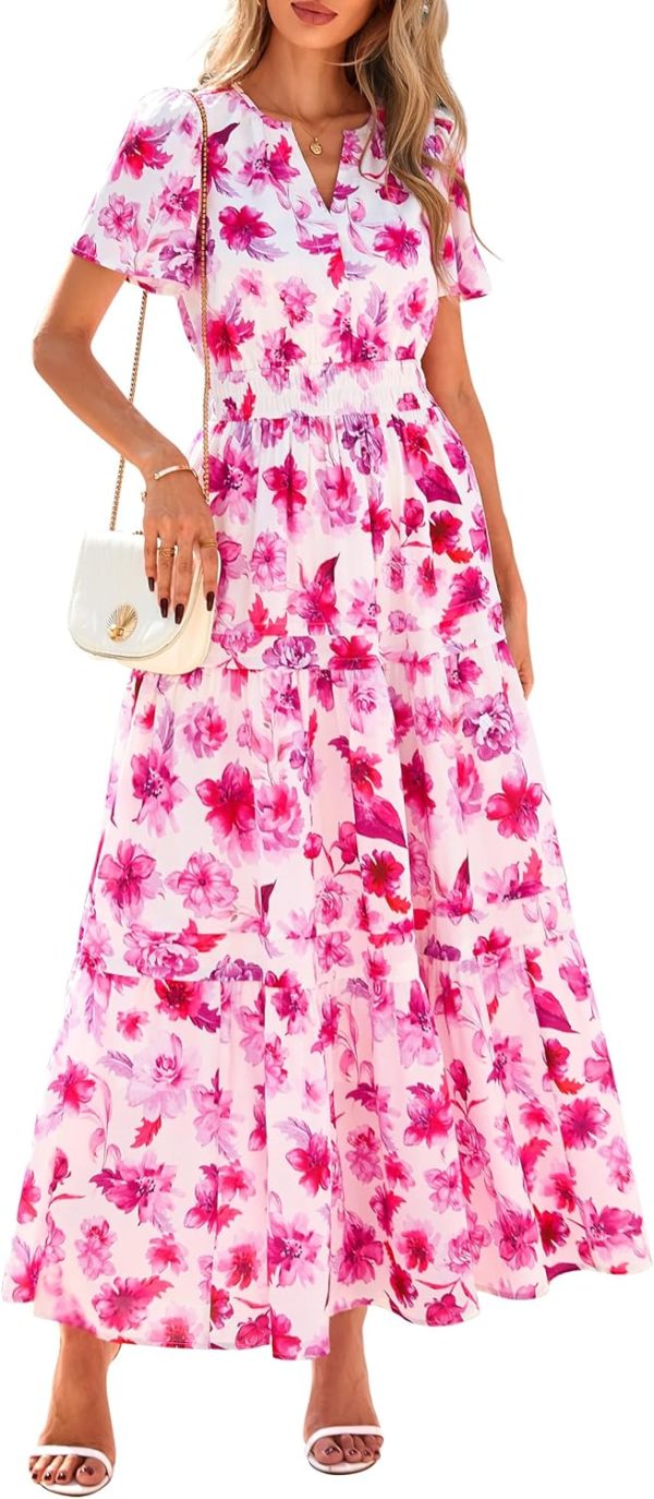 PRETTYGARDEN Women's 2025 Summer Boho Maxi Dresses Floral Short Sleeve V Neck A Line Tiered Flowy Long Beach Vacation Dress - Image 61