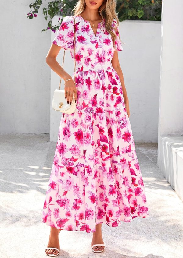 PRETTYGARDEN Women's 2025 Summer Boho Maxi Dresses Floral Short Sleeve V Neck A Line Tiered Flowy Long Beach Vacation Dress - Image 63