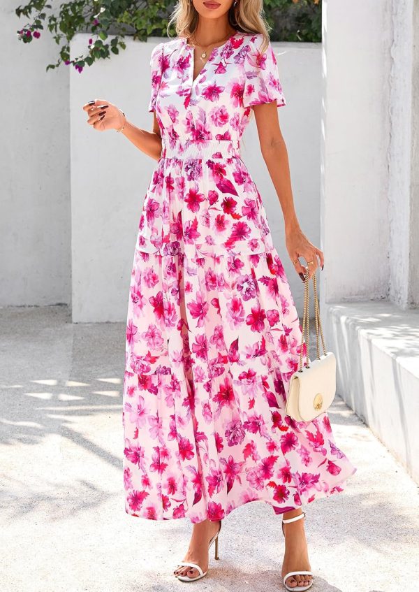 PRETTYGARDEN Women's 2025 Summer Boho Maxi Dresses Floral Short Sleeve V Neck A Line Tiered Flowy Long Beach Vacation Dress - Image 64