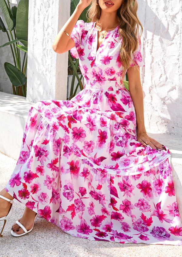 PRETTYGARDEN Women's 2025 Summer Boho Maxi Dresses Floral Short Sleeve V Neck A Line Tiered Flowy Long Beach Vacation Dress - Image 65