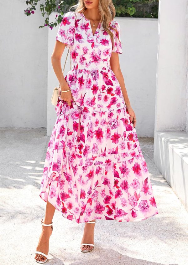 PRETTYGARDEN Women's 2025 Summer Boho Maxi Dresses Floral Short Sleeve V Neck A Line Tiered Flowy Long Beach Vacation Dress - Image 67