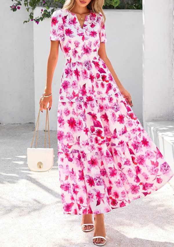 PRETTYGARDEN Women's 2025 Summer Boho Maxi Dresses Floral Short Sleeve V Neck A Line Tiered Flowy Long Beach Vacation Dress - Image 68