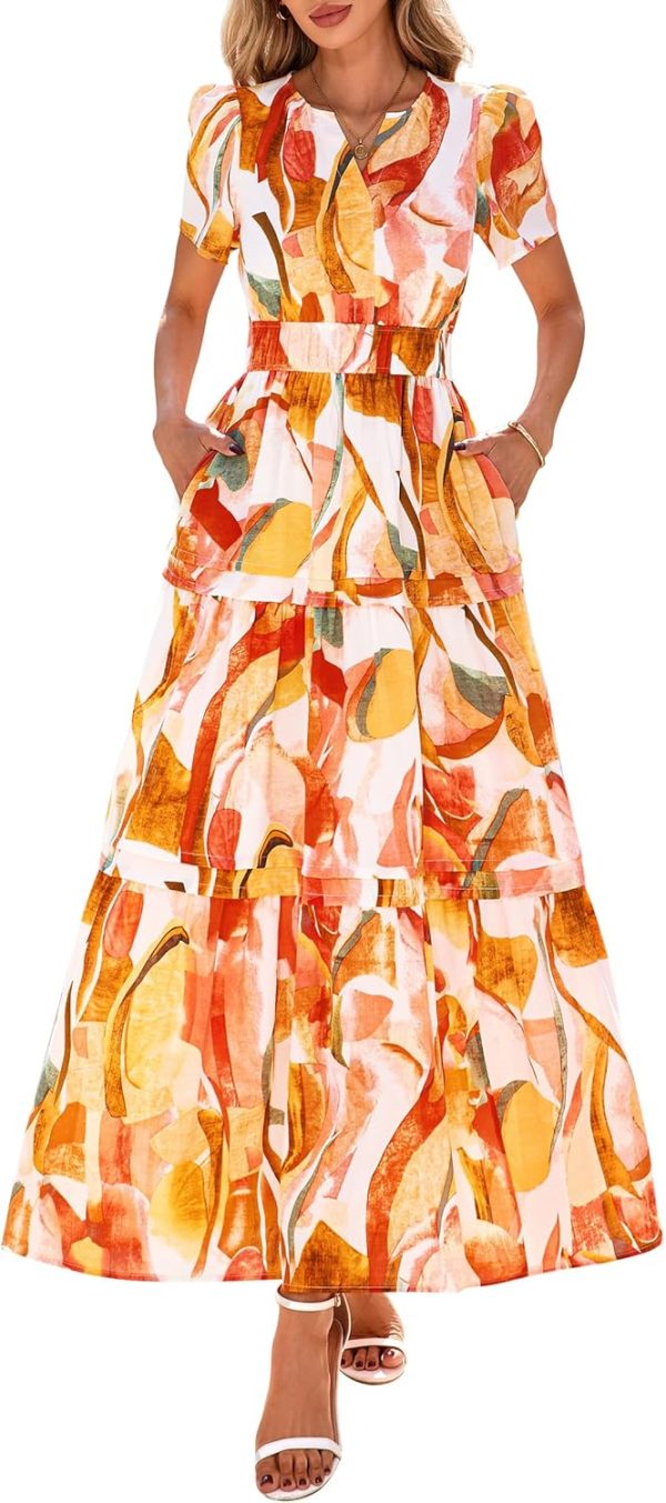 PRETTYGARDEN Women's 2025 Summer Boho Maxi Dresses Floral Short Sleeve V Neck A Line Tiered Flowy Long Beach Vacation Dress - Image 69