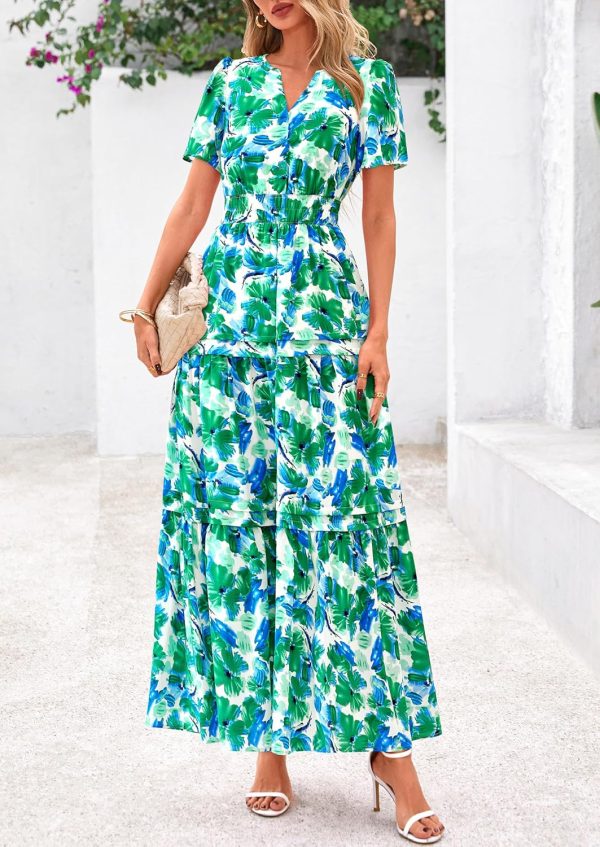PRETTYGARDEN Women's 2025 Summer Boho Maxi Dresses Floral Short Sleeve V Neck A Line Tiered Flowy Long Beach Vacation Dress - Image 75