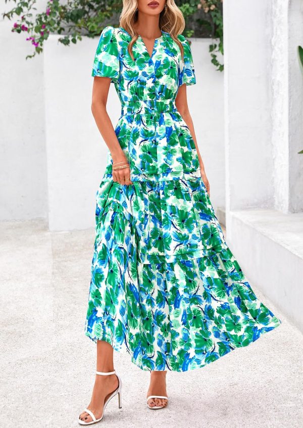 PRETTYGARDEN Women's 2025 Summer Boho Maxi Dresses Floral Short Sleeve V Neck A Line Tiered Flowy Long Beach Vacation Dress - Image 76