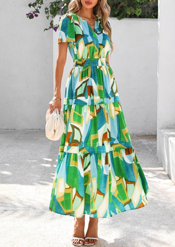 PRETTYGARDEN Women's 2025 Summer Boho Maxi Dresses Floral Short Sleeve V Neck A Line Tiered Flowy Long Beach Vacation Dress - Image 79