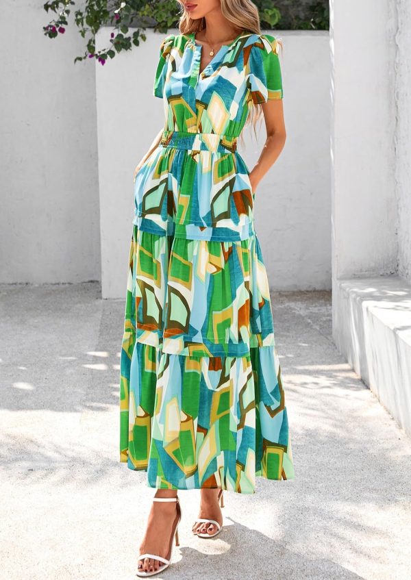 PRETTYGARDEN Women's 2025 Summer Boho Maxi Dresses Floral Short Sleeve V Neck A Line Tiered Flowy Long Beach Vacation Dress - Image 80