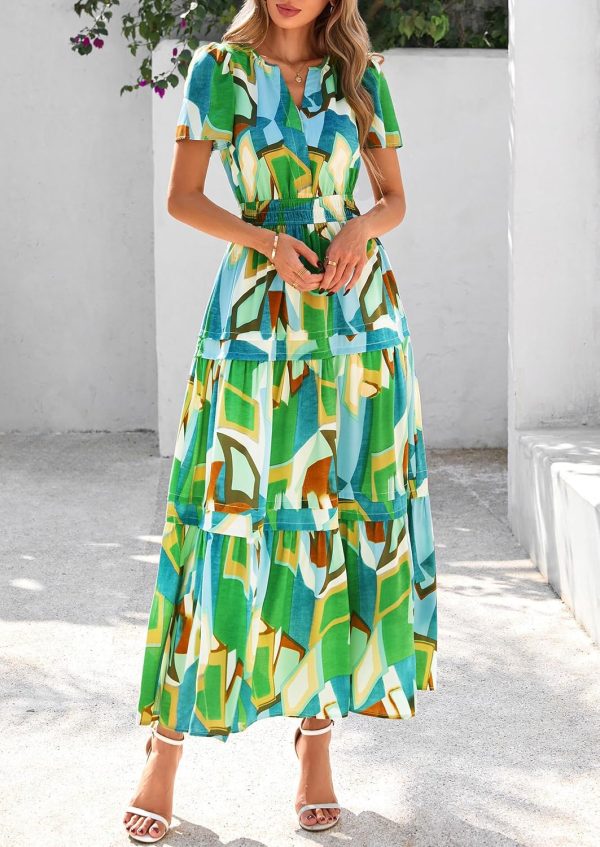 PRETTYGARDEN Women's 2025 Summer Boho Maxi Dresses Floral Short Sleeve V Neck A Line Tiered Flowy Long Beach Vacation Dress - Image 82