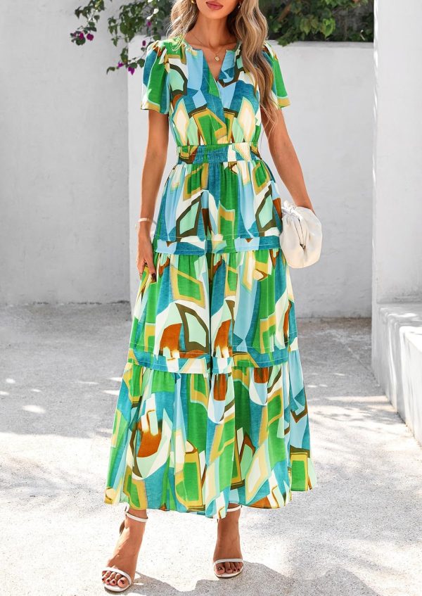 PRETTYGARDEN Women's 2025 Summer Boho Maxi Dresses Floral Short Sleeve V Neck A Line Tiered Flowy Long Beach Vacation Dress - Image 83