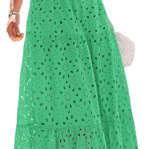 PRETTYGARDEN Summer Dresses for Women 2025 Eyelet Square Neck Puff Sleeve Smocked Wedding Guest Maxi Dress with Pockets