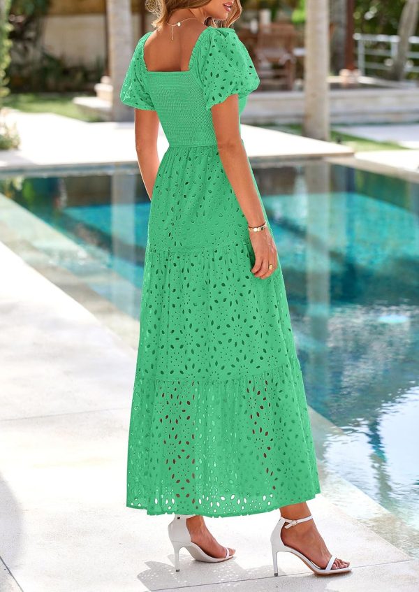 PRETTYGARDEN Summer Dresses for Women 2025 Eyelet Square Neck Puff Sleeve Smocked Wedding Guest Maxi Dress with Pockets - Image 2