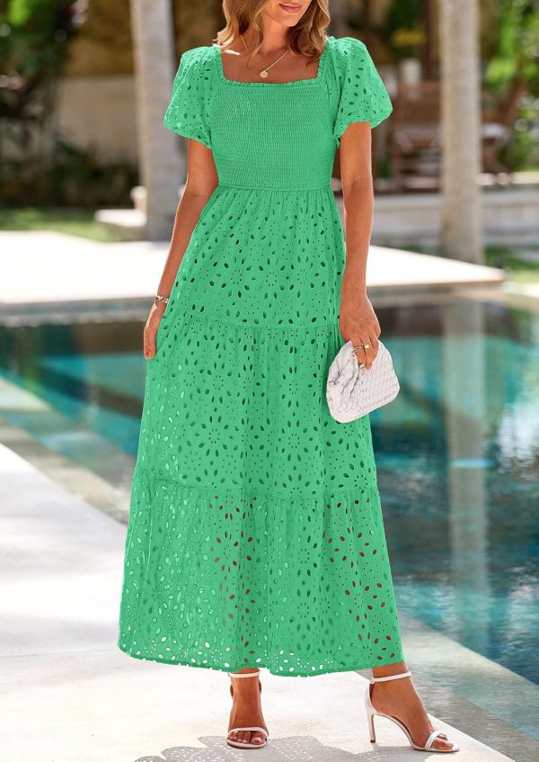 PRETTYGARDEN Summer Dresses for Women 2025 Eyelet Square Neck Puff Sleeve Smocked Wedding Guest Maxi Dress with Pockets - Image 3