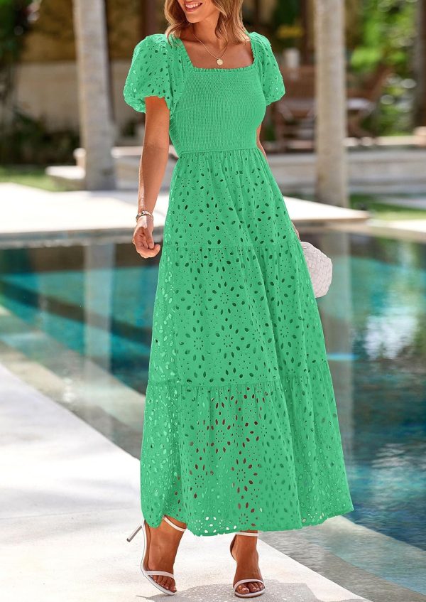 PRETTYGARDEN Summer Dresses for Women 2025 Eyelet Square Neck Puff Sleeve Smocked Wedding Guest Maxi Dress with Pockets - Image 4