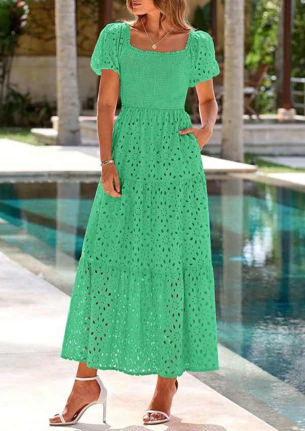 PRETTYGARDEN Summer Dresses for Women 2025 Eyelet Square Neck Puff Sleeve Smocked Wedding Guest Maxi Dress with Pockets - Image 8