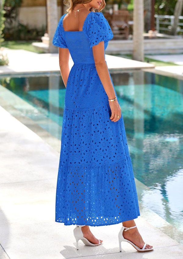 PRETTYGARDEN Summer Dresses for Women 2025 Eyelet Square Neck Puff Sleeve Smocked Wedding Guest Maxi Dress with Pockets - Image 10