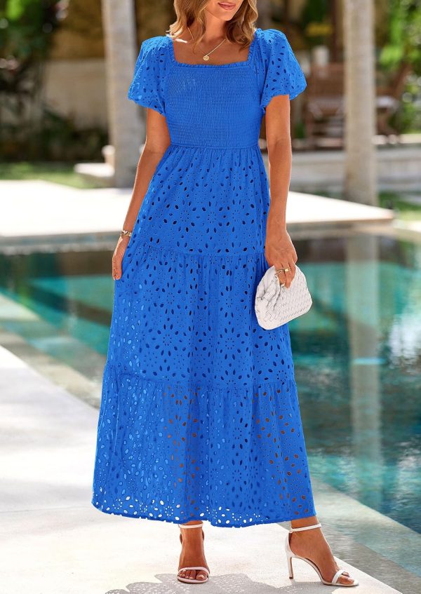 PRETTYGARDEN Summer Dresses for Women 2025 Eyelet Square Neck Puff Sleeve Smocked Wedding Guest Maxi Dress with Pockets - Image 11
