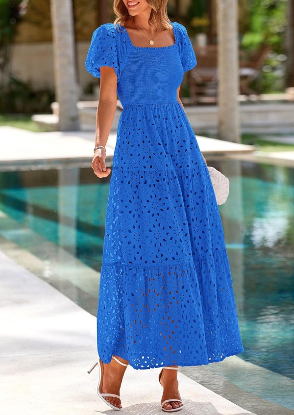 PRETTYGARDEN Summer Dresses for Women 2025 Eyelet Square Neck Puff Sleeve Smocked Wedding Guest Maxi Dress with Pockets - Image 12