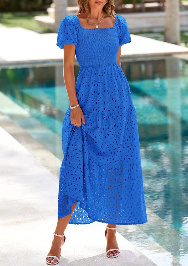 PRETTYGARDEN Summer Dresses for Women 2025 Eyelet Square Neck Puff Sleeve Smocked Wedding Guest Maxi Dress with Pockets - Image 15