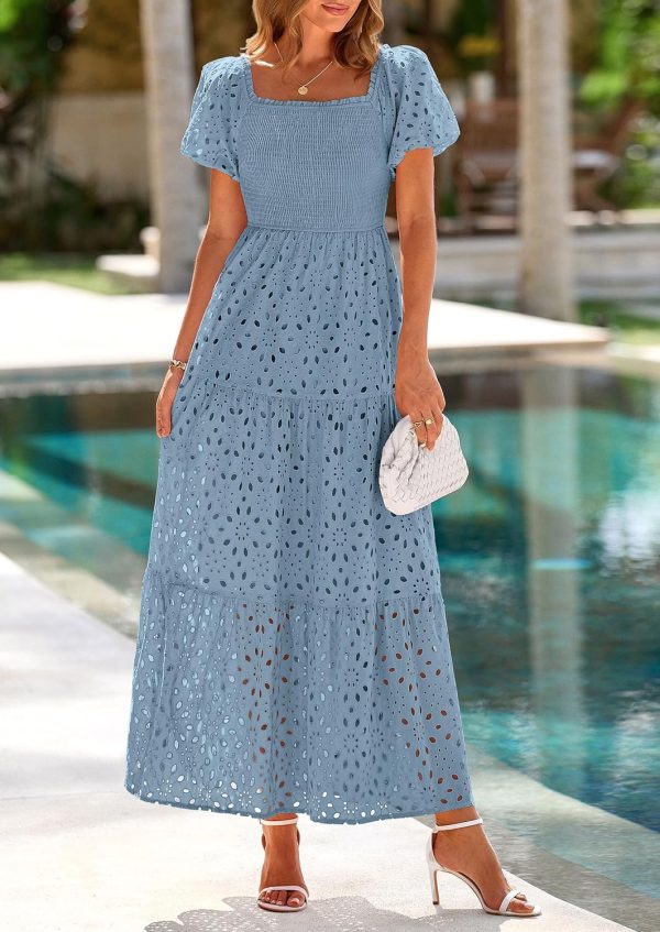 PRETTYGARDEN Summer Dresses for Women 2025 Eyelet Square Neck Puff Sleeve Smocked Wedding Guest Maxi Dress with Pockets - Image 19