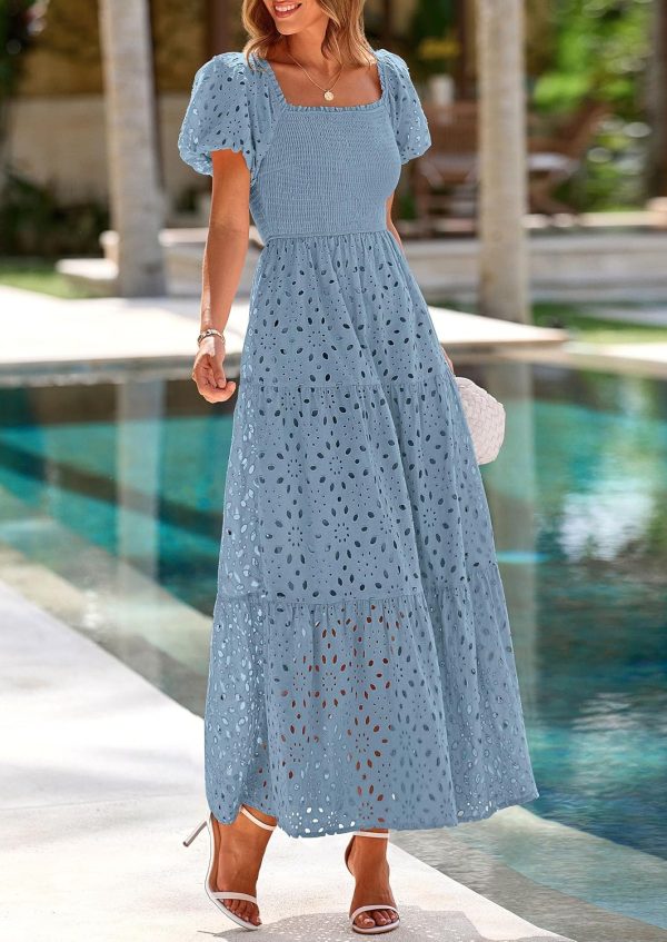 PRETTYGARDEN Summer Dresses for Women 2025 Eyelet Square Neck Puff Sleeve Smocked Wedding Guest Maxi Dress with Pockets - Image 20