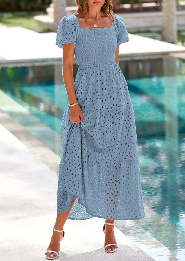 PRETTYGARDEN Summer Dresses for Women 2025 Eyelet Square Neck Puff Sleeve Smocked Wedding Guest Maxi Dress with Pockets - Image 23
