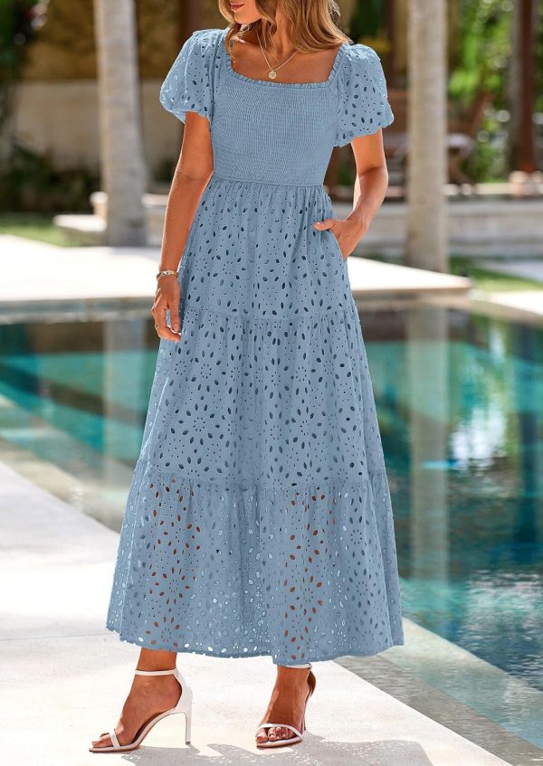 PRETTYGARDEN Summer Dresses for Women 2025 Eyelet Square Neck Puff Sleeve Smocked Wedding Guest Maxi Dress with Pockets - Image 24