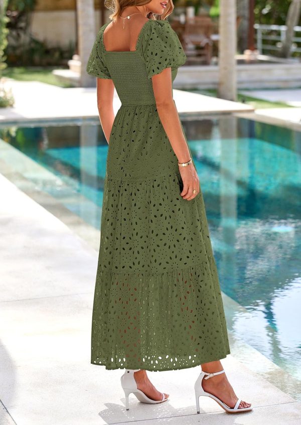 PRETTYGARDEN Summer Dresses for Women 2025 Eyelet Square Neck Puff Sleeve Smocked Wedding Guest Maxi Dress with Pockets - Image 26