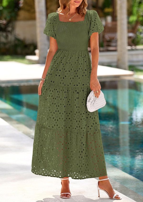 PRETTYGARDEN Summer Dresses for Women 2025 Eyelet Square Neck Puff Sleeve Smocked Wedding Guest Maxi Dress with Pockets - Image 27
