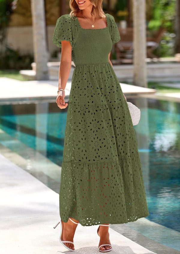 PRETTYGARDEN Summer Dresses for Women 2025 Eyelet Square Neck Puff Sleeve Smocked Wedding Guest Maxi Dress with Pockets - Image 28