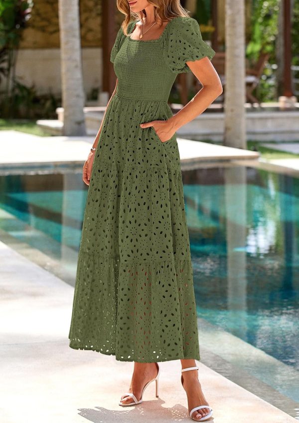 PRETTYGARDEN Summer Dresses for Women 2025 Eyelet Square Neck Puff Sleeve Smocked Wedding Guest Maxi Dress with Pockets - Image 30